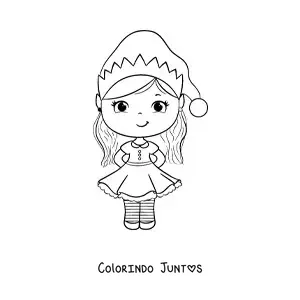 Desenho para colorir de menina kawaii com vestido de Natal