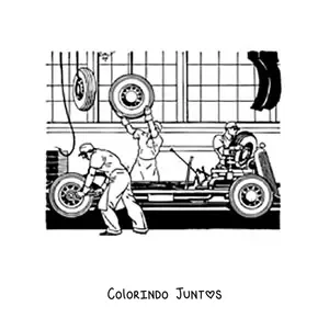 Desenho para colorir de homens montando um carro em uma fábrica
