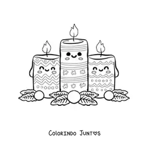 Desenho para colorir de velas de Natal kawaii animadas com motivos natalinos