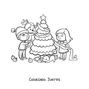Desenho para colorir de família kawaii com gato decorando a árvore de Natal