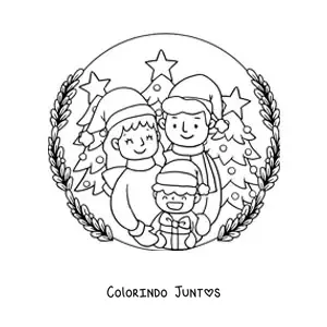 Desenho para colorir de família de 3 pessoas na neve no Natal
