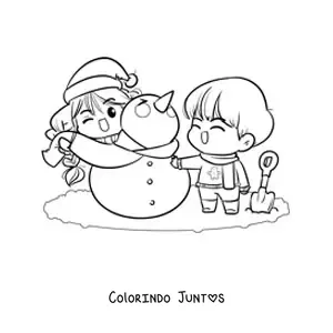 Desenho para colorir de casal montando um boneco de neve