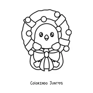 Desenho para colorir de guirlanda de Natal com pinguim kawaii