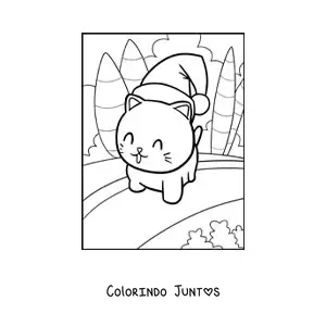 Desenho para colorir de gato kawaii com gorro de Natal