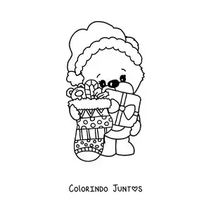 Desenho para colorir de urso kawaii com presentes e bota de Natal