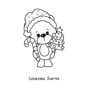 Desenho para colorir de urso de Natal com árvore de Natal e bengala doce
