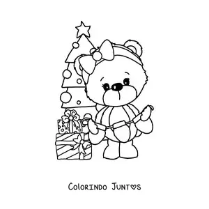 Desenho para colorir de urso de Natal com árvore de Natal e presentes