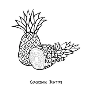 Desenho para colorir de um abacaxi e outro abacaxi cortado ao meio