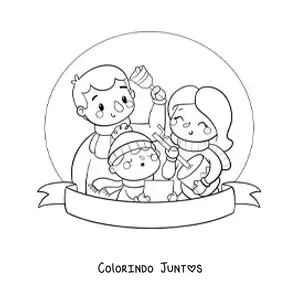 Desenho para colorir de menino com sua família cantando canções para o menino Jesus