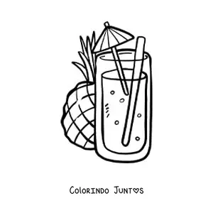 Desenho para colorir de um suco de abacaxi com sombrinha e um abacaxi ao fundo