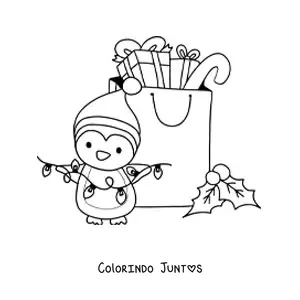Desenho para colorir de pinguim de Natal kawaii com presentes e luzes