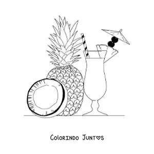Desenho para colorir de uma piña colada com um abacaxi ao lado e um pedaço de coco
