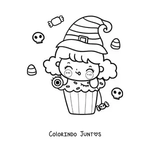 Desenho para colorir de bruxinha kawaii em um cupcake