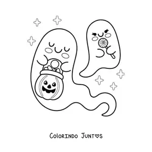 Desenho para colorir de fantasmas kawaii com doces de Halloween