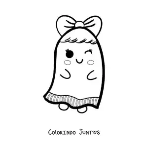 Desenho para colorir de fantasma kawaii com um laço