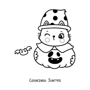 Desenho para colorir de gatinho kawaii com morcego em uma abóbora de Halloween
