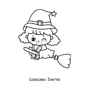 Desenho para colorir de bruxinha kawaii voando