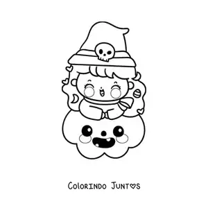 Desenho para colorir de bruxinha kawaii em uma abóbora de Halloween