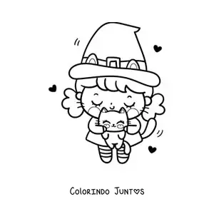 Desenho para colorir de bruxinha kawaii com gatinho fofo