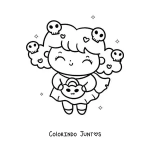 Desenho para colorir de menina kawaii fantasiada no Halloween