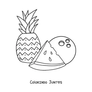 Desenho para colorir de um abacaxi com um pedaço de melancia e um coco