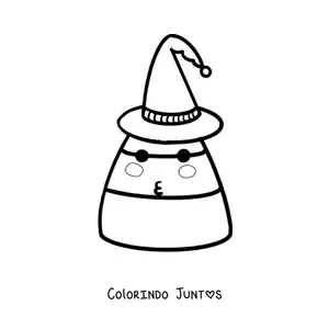 Desenho para colorir de doce de Halloween animado com chapéu de bruxa
