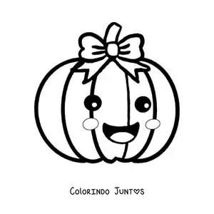 Desenho para colorir de abóbora kawaii animada com um laço