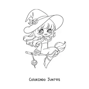 Desenho para colorir de bruxa kawaii estilo anime voando na vassoura