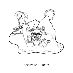 Desenho para colorir de um leão animado na praia tomando suco de abacaxi