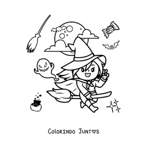 Desenho para colorir de bruxa animada voando na vassoura