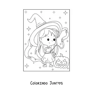 Desenho para colorir de bruxa de Halloween kawaii com abóbora