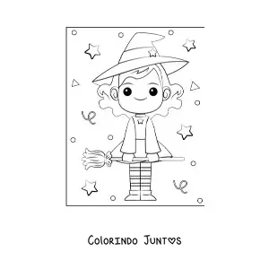 Desenho para colorir de bruxa kawaii com vassoura