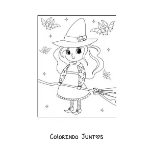 Desenho para colorir de bruxinha kawaii com vassoura e morcegos