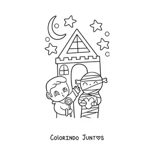 Desenho para colorir de casa assombrada kawaii com menino e múmia