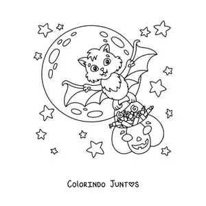 Desenho para colorir de morcego kawaii com abóbora cheia de doces de Halloween