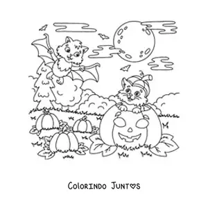Desenho para colorir de morcego kawaii com gato e abóbora de Halloween