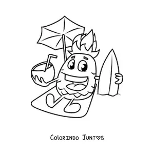 Desenho para colorir de um abacaxi animado na praia com um coco na mão