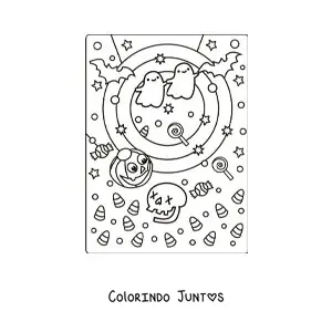 Desenho para colorir de fantasmas kawaii com caveira e morcegos