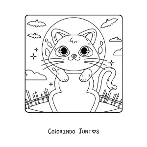 Desenho para colorir de gato kawaii em um túmulo no Halloween