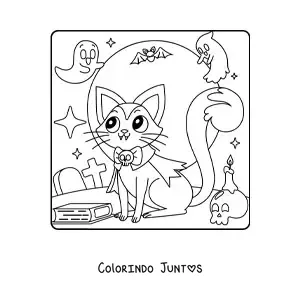 Desenho para colorir de gato vampiro kawaii de Halloween
