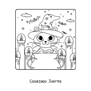 Desenho para colorir de gato kawaii com caldeirão de bruxa com velas