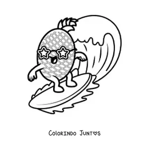 Desenho para colorir de um abacaxi animado surfando com óculos em formato de estrela