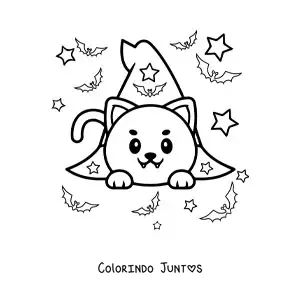 Desenho para colorir de gato kawaii em chapéu de bruxa