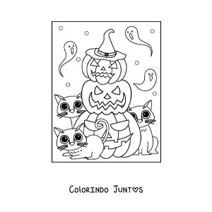 Desenho para colorir de gatinhos kawaii com abóboras de Halloween