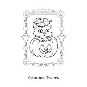 Desenho para colorir de abóbora de Halloween com gatinho