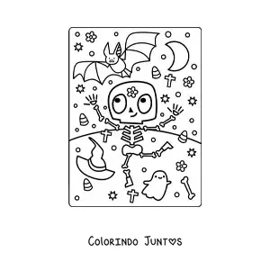 Desenho para colorir de esqueleto infantil dançando no Halloween