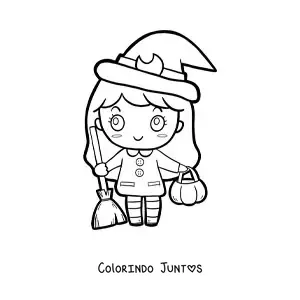 Desenho para colorir de menina kawaii fantasiada de bruxinha