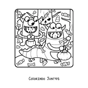 Desenho para colorir de crianças fantasiadas de monstros em festa de Halloween