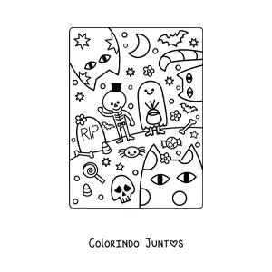 Desenho para colorir de crianças fantasiadas de fantasma e esqueleto em festa de Halloween