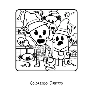 Desenho para colorir de crianças fantasiadas de fantasma e esqueleto no Halloween